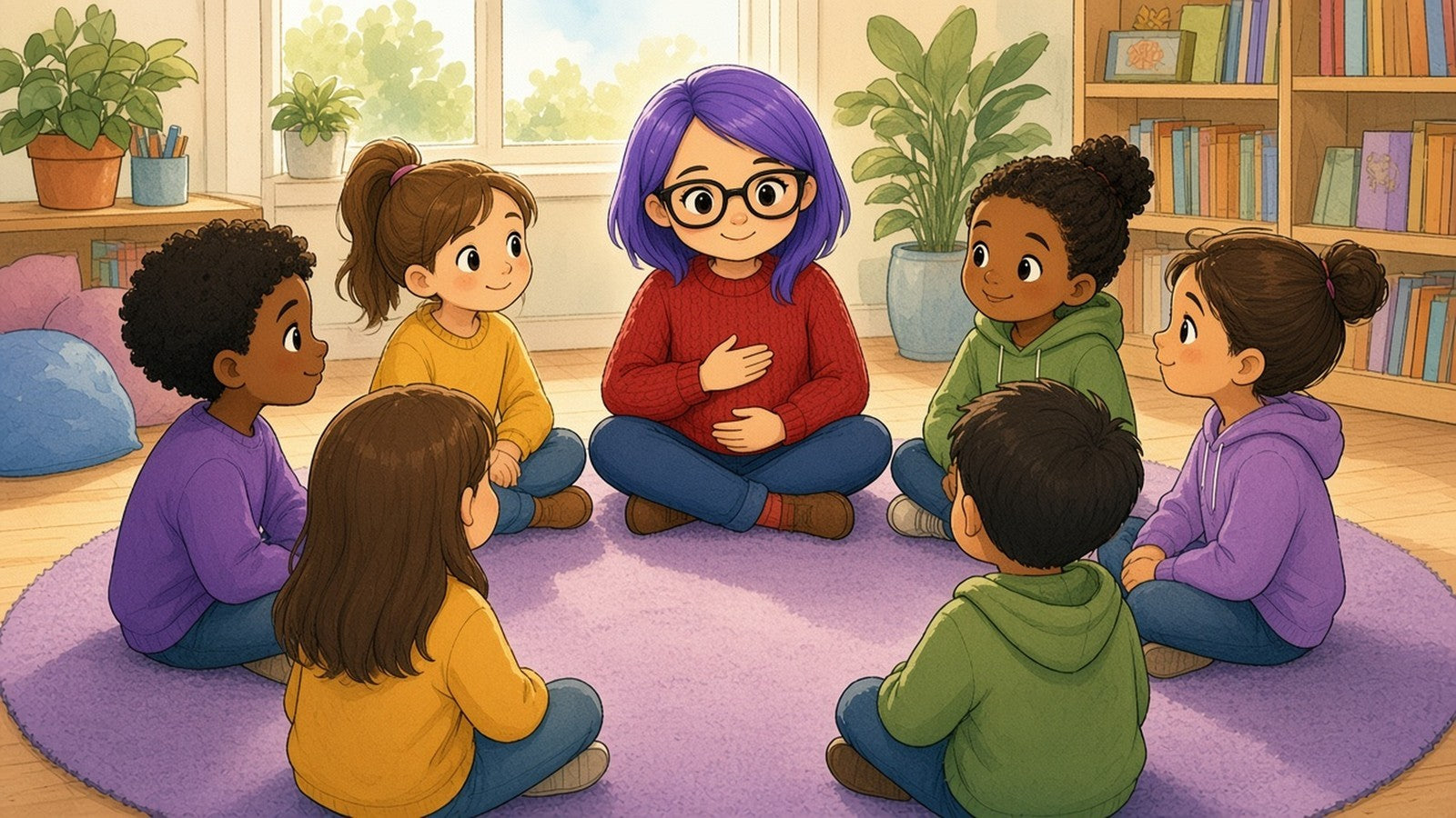 Illustration of Xanda sitting in a circle with children for a Paws b mindfulness lesson