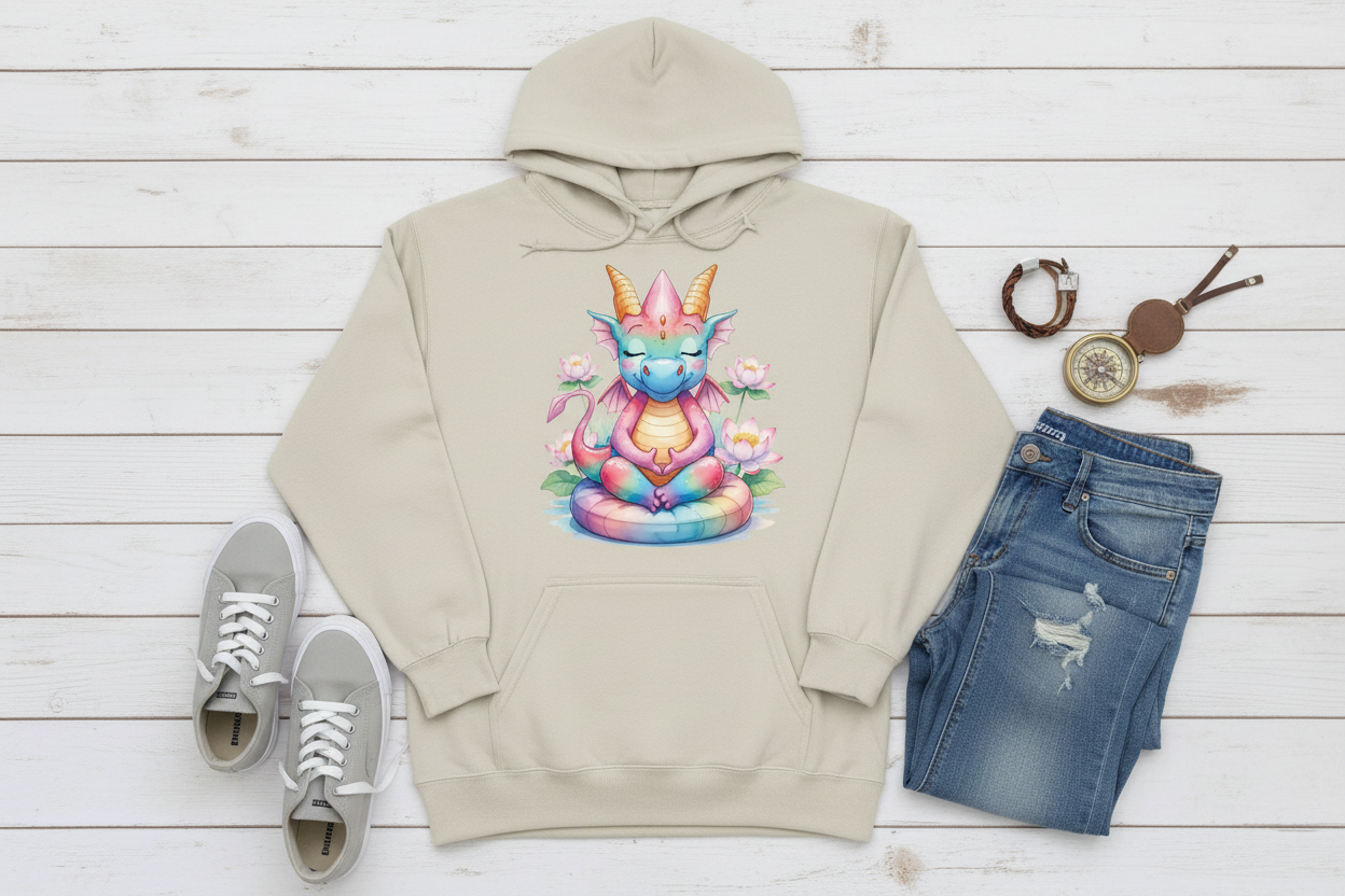 Hoodie Creme Bege com Dragão em Meditação (#EDDECF)