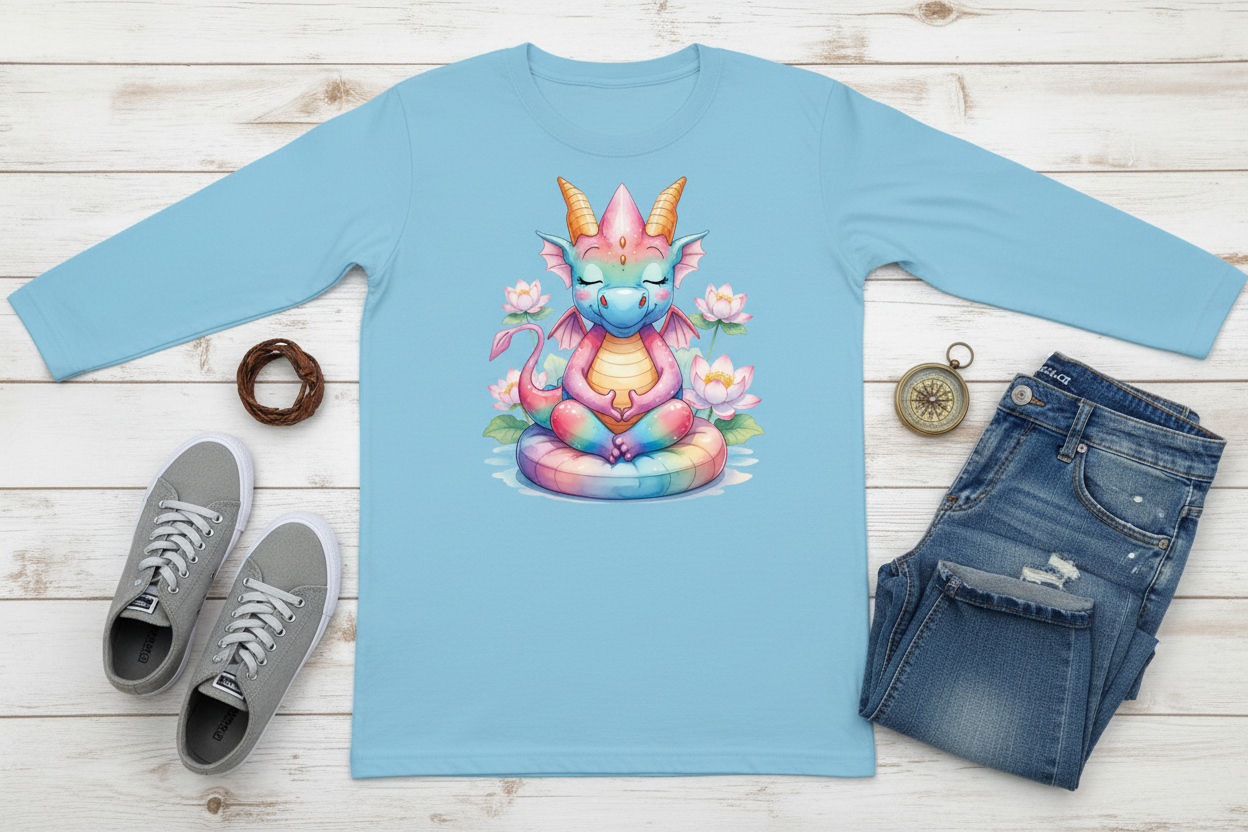 Long sleeve Azul Céu com Dragão em Meditação (#84CAE1)