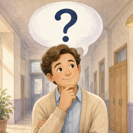 Illustration of a thoughtful person with a question mark in a school corridor