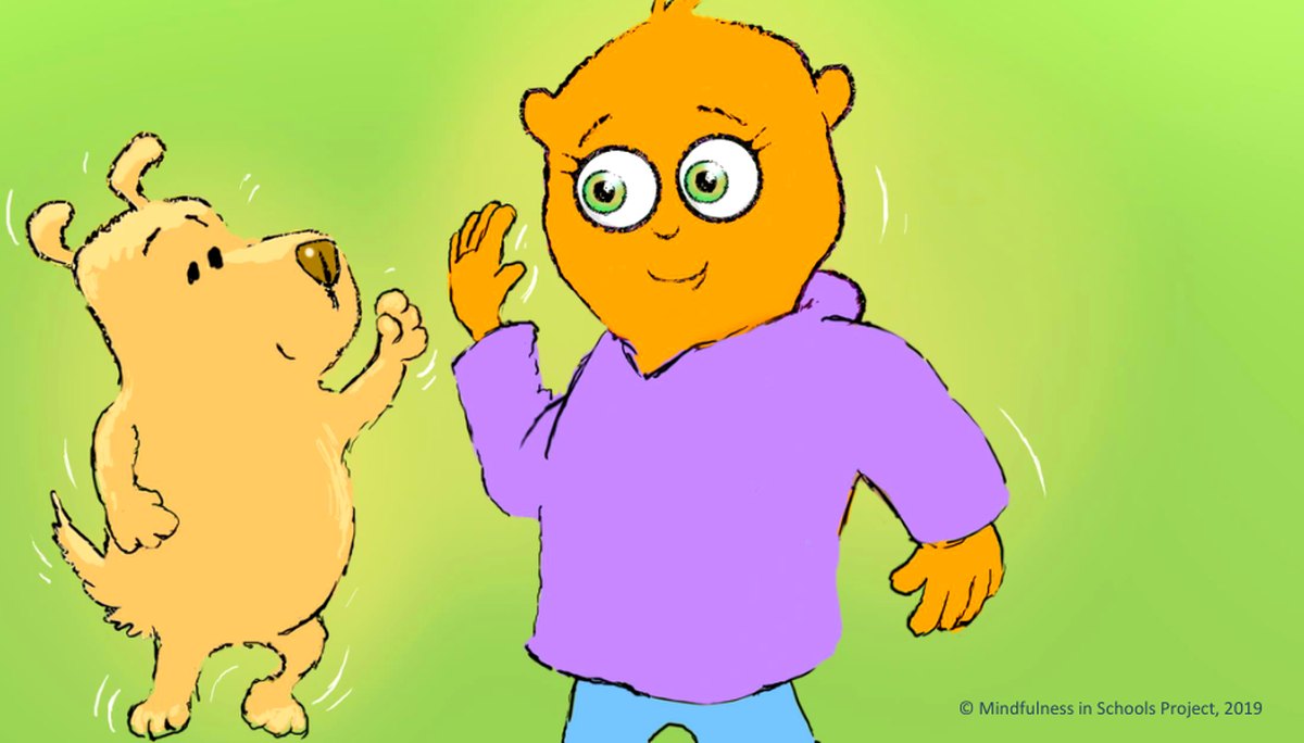 Paws b character and puppy waving hello in a bright green meadow