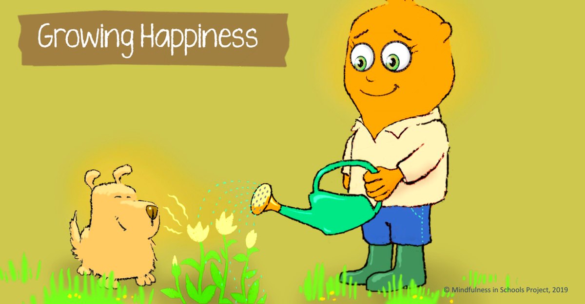 Paws b character watering flowers beside the puppy, Growing Happiness