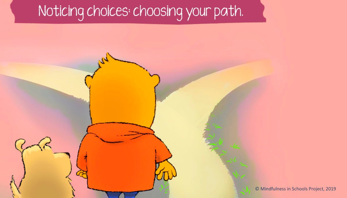 Paws b character and puppy choosing a path, Noticing choices