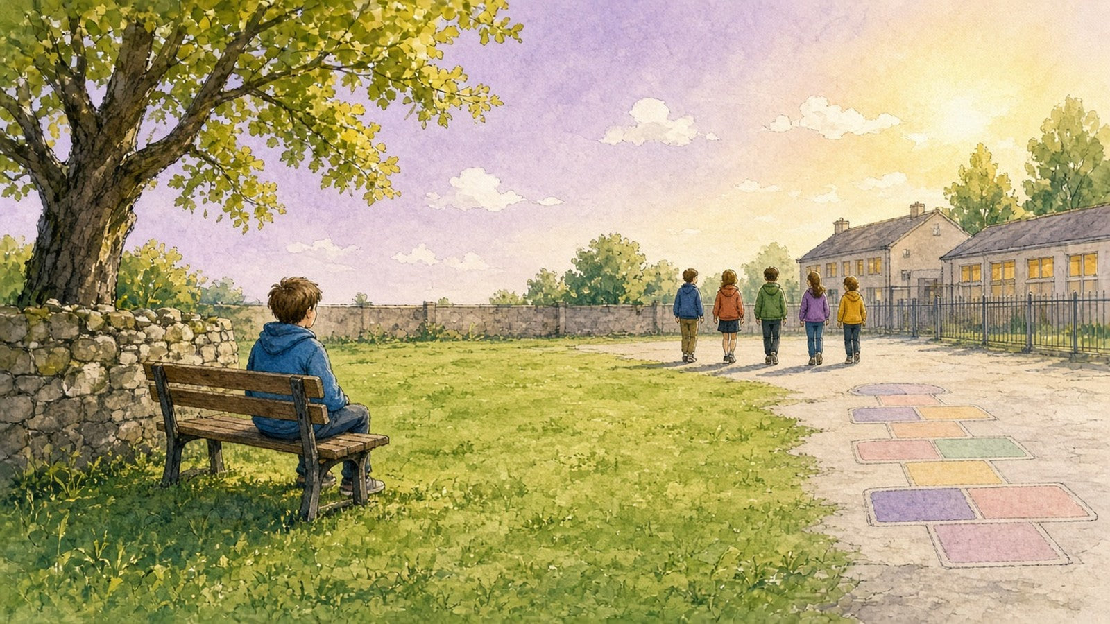 Illustration of a child resting on a bench in a sunny schoolyard as classmates walk by