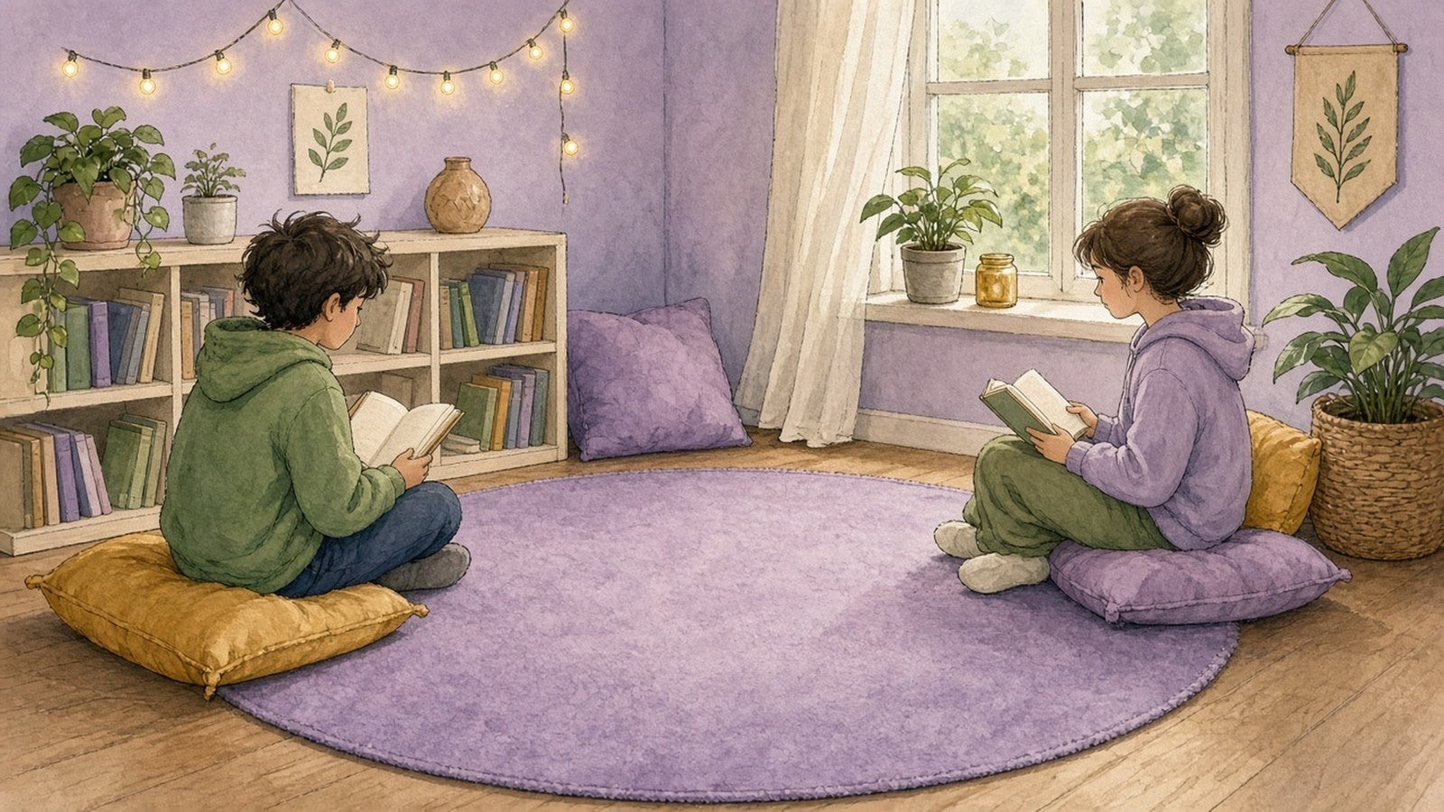 Illustration of two children reading quietly in a calm classroom reading corner
