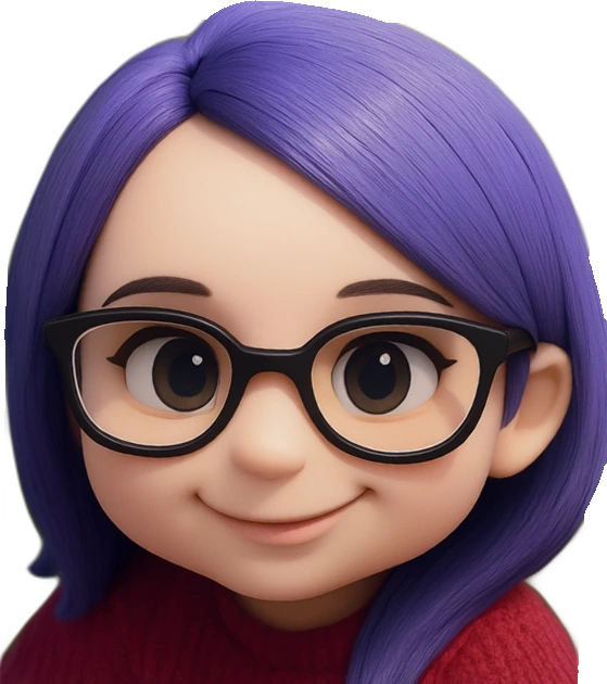 Cartoon of children’s author Xanda Monteiro, head and shoulders, with purple hair, black glasses and a red jumper